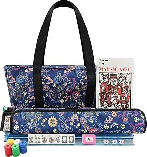 Julymoda American Mahjong Tile Set，American Mahjong Set with 166 White Tiles & 4 All-in-One Color Rack/Pushers, Mahjong Game Set with Blue Carrying Bag