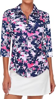 Tanst Sky Womens Golf Polo Shirts Zipper 3/4 Sleeve Moisture Wicking Tops UPF 50+ Workout Tennis Apparel