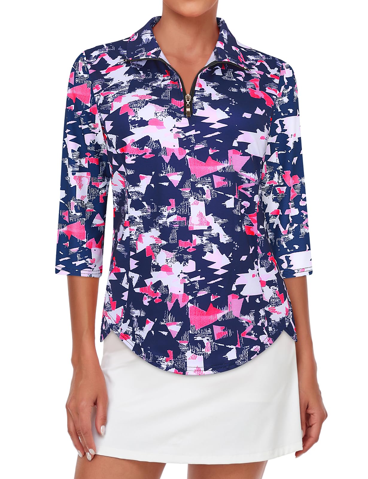 Tanst Sky Womens Golf Polo Shirts Zipper 3/4 Sleeve Moisture Wicking Tops UPF 50