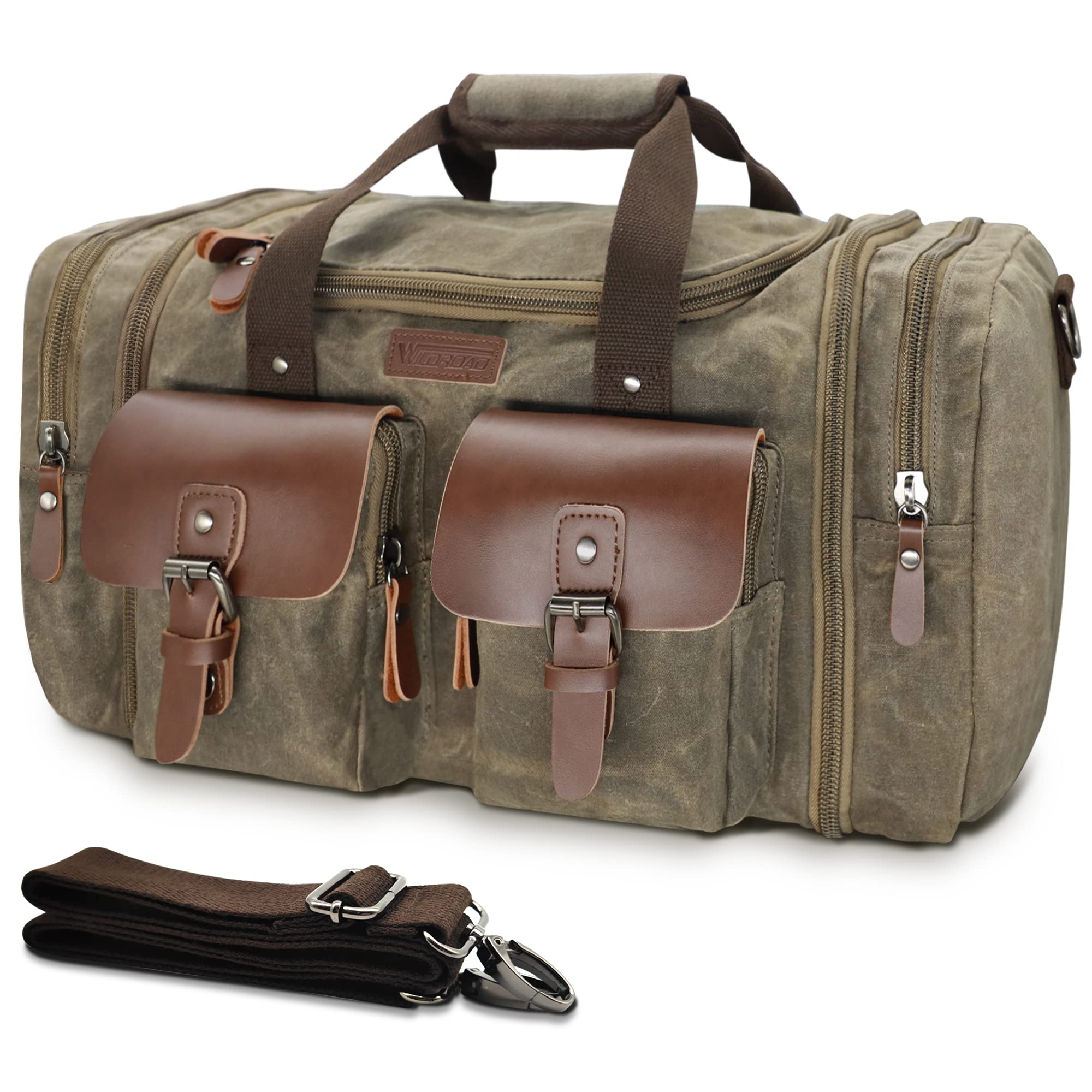 Wildroad Waxed Canvas Duffle Bag - 50L Weekender Overnight Travel Bag | Gifts fo