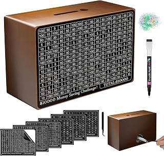 Wooden Money Saving Box, Cash Vault Savings Box for $10000 $5000 $3000 $1000 $800 $500 Target Money Saving Challenge, Reusable Money Box with Counter, Dry Erase Pen/Savings Trackers/Rubber Band-Brown