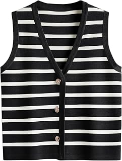 LILLUSORY Vest Tops for Women Striped Sweater Vest 2024 Fall Crochet Cropped Button Up Work Tank Top Outfits Y2K Clothes