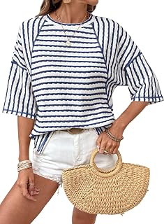 Dokotoo Womens Summer Tops Oversized Tshirts for Women Striped Color Block Short Sleeve T Shirts Crewneck Casual Tee Blouses