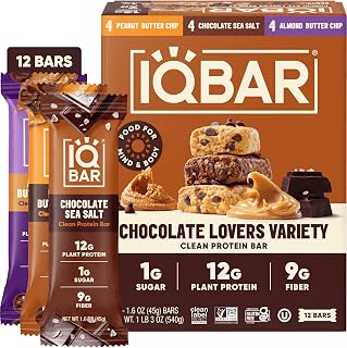 IQBAR Clean High Protein Bars, Low Sugar Snack, Chocolate Variety 12ct | 12g Plant Protein, 9g Fiber, 1g Sugar | GLP-1 & Keto Friendly | Vegan, Gluten Free, Dairy Free, Non-GMO, Kosher