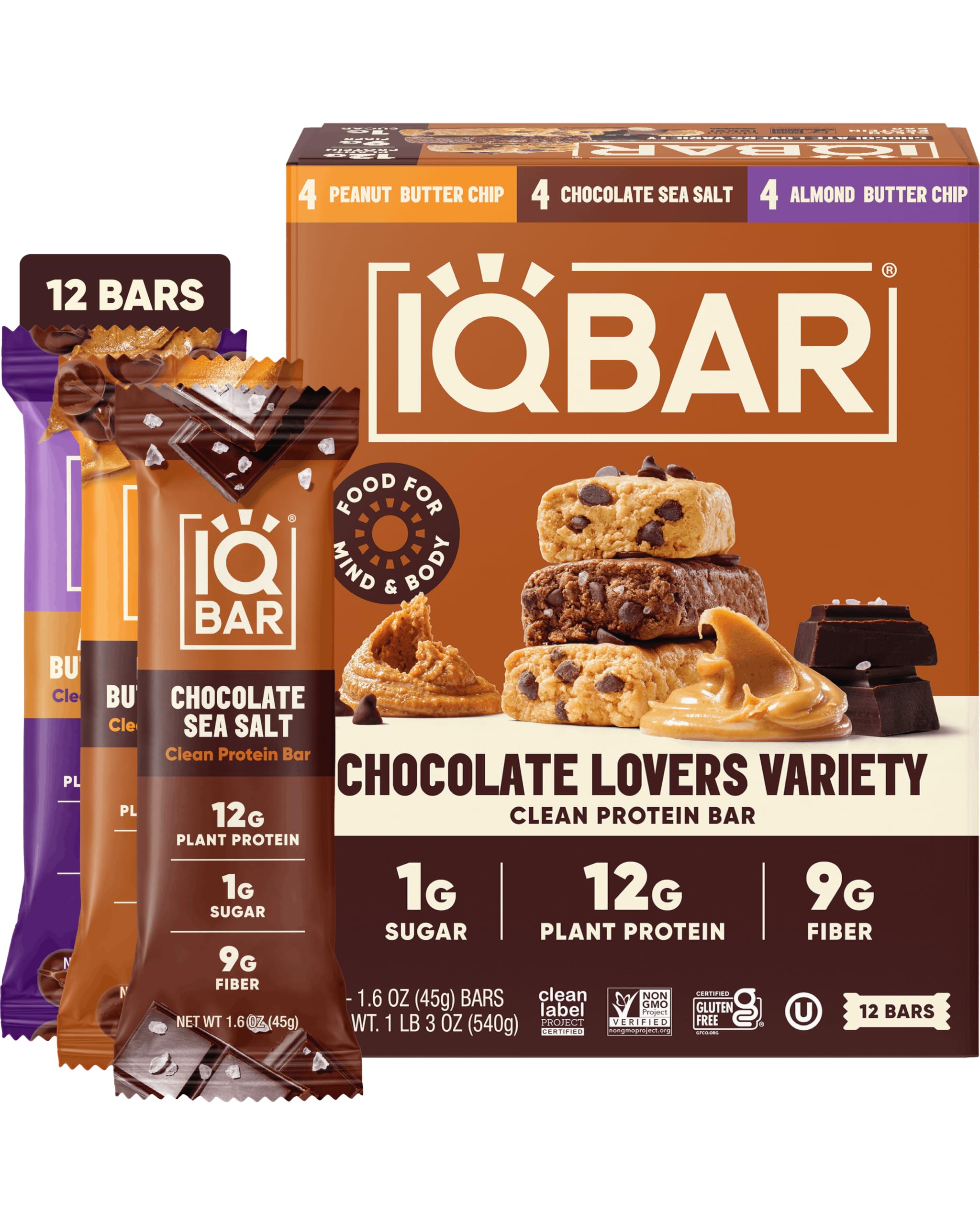 IQBAR Clean High Protein Bars, Low Sugar Snack, Chocolate Variety 12ct | 12g Pla