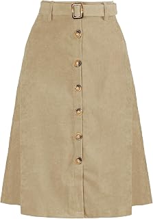 Allegra K Women's High Waist A-Line Buttons Front Belt Corduroy Skirt Euro Midi Skirt