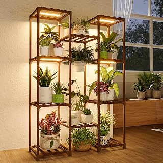 Bamworld Plant Stand with Grow Light for Multiple Pots, Large Plant Holder for Living Room, Patio, Boho Home Decoration for Gardening, Warm Light