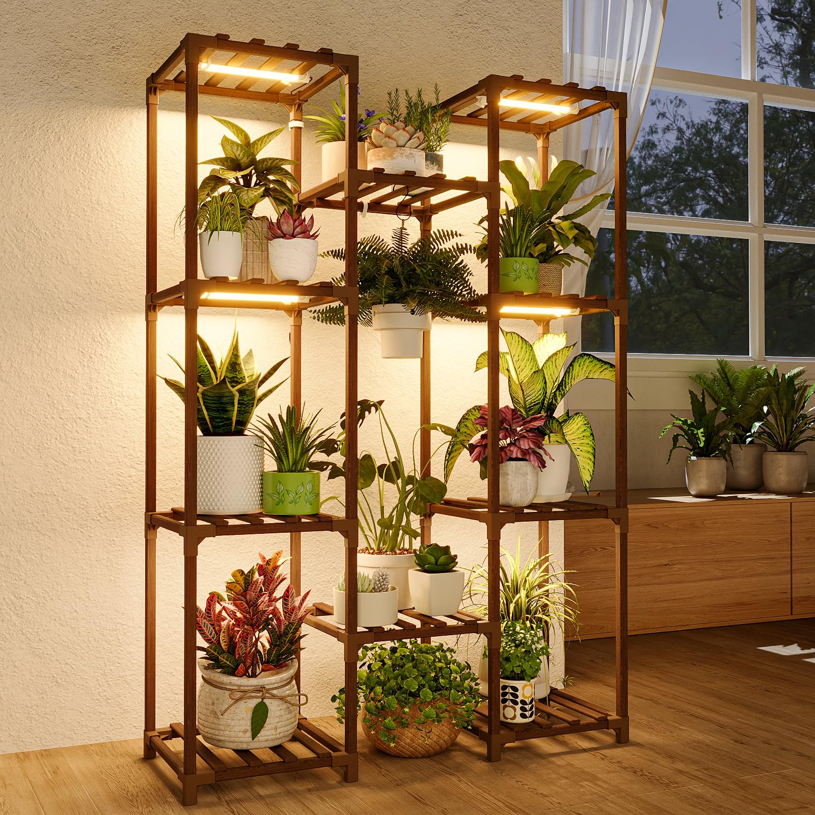 Bamworld Plant Stand with Grow Light for Multiple Pots, Large Plant Holder for L
