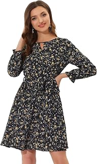 Women's Dizzy Floral Keyhole Round Neck Elastic Tie Waist Long Sleeve Dress