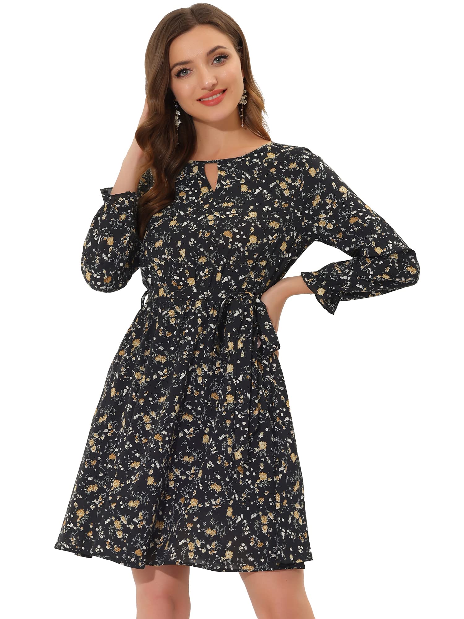 Women's Dizzy Floral Keyhole Round Neck Elastic Tie Waist Long Sleeve Dress