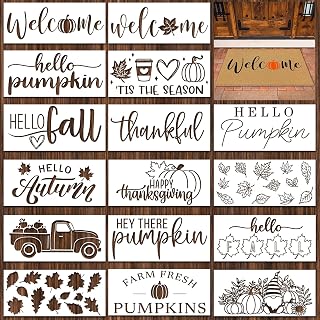 Dunzy 16 Pcs Fall Door Mat Stencils for Painting and DIY Crafts | Pumpkin Maple Leaf Apple and Truck Designs, Hello Fall and Thankful Sayings, Autumn Porch Mats, Wood Signs and Home Decor