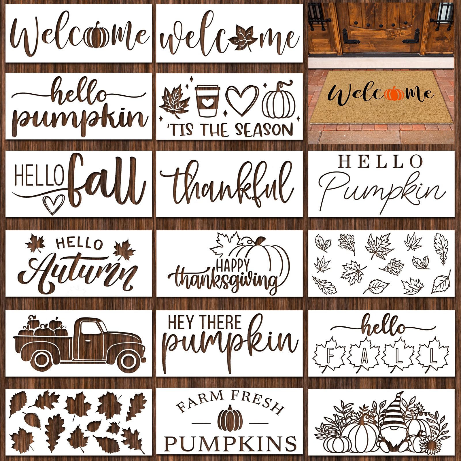 Dunzy 16 Pcs Fall Door Mat Stencils for Painting and DIY Crafts | Pumpkin Maple 