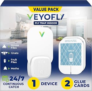 VEYOFLY Fruit Fly Traps Indoor Plug-in UV, Gnat Trap, 1 Device + 2 Refills | UV light attracts insects to glue cards, silent 24/7, plug-in setup, replaceable cards, indoor use, no zapper