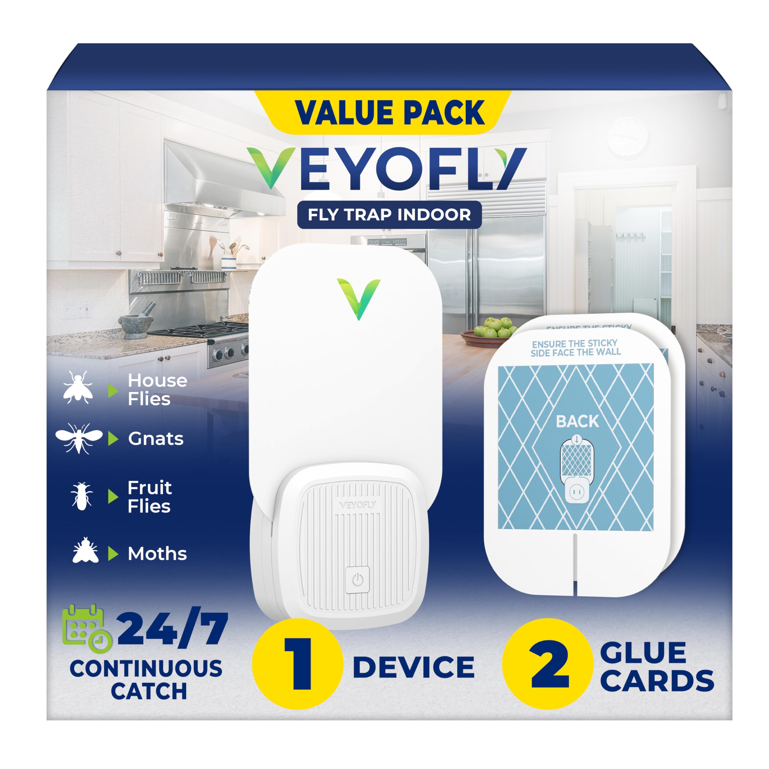 VEYOFLY Fruit Fly Traps Indoor Plug-in UV, Gnat Trap, 1 Device + 2 Refills | UV 