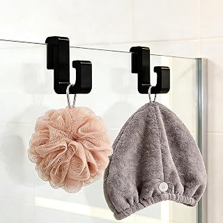 2Pcs Heavy Duty Bathroom Hooks for 8mm Glass Door No Drilling Required, Sturdy Plastic Material, Wall Mount, for Hanging Clothes, Towels (Black, 7.5x5x1.5cm)