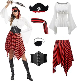 DARFULA 6 Pieces Renaissance Pirate Costume for Women Shirt Dress with Head Scarf Belt Medieval Costume Accessories Set