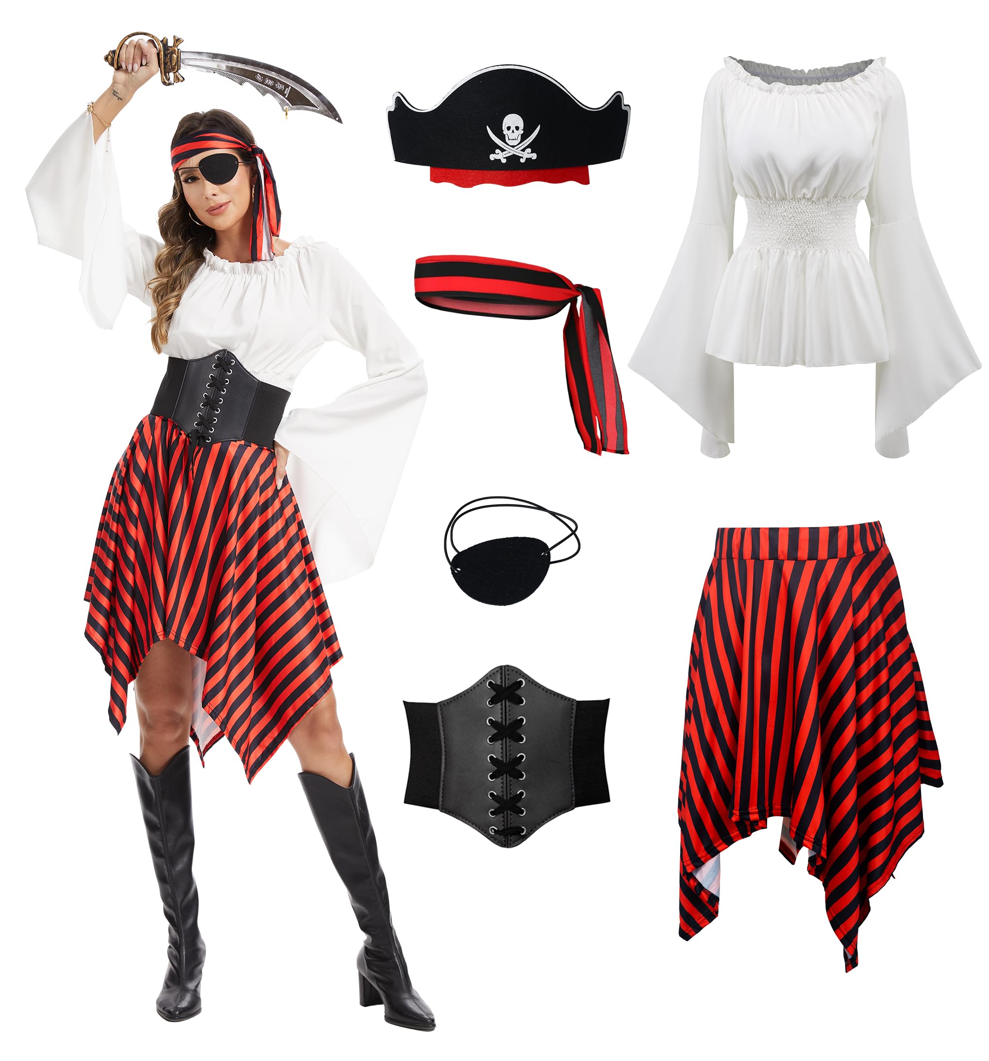 DARFULA 6 Pieces Renaissance Pirate Costume for Women Shirt Dress with Head Scar