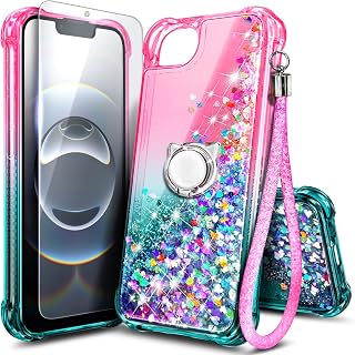NGB for iPhone 17e Case & iPhone 16e Case, Cute Liquid Glitter, Pink/Aqua | Cute Girly Liquid Glitter Design with Tempered Glass Screen Protector, Ring Holder & Wrist Strap Included