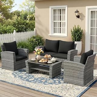 Wisteria Lane 4 Piece Outdoor Wicker Patio Furniture Set for All Weather | Outside Sofa Conversation Set with Table,High Backrest Support and Wide Armrest for Backyard,Balcony,Terraces(Dark Blue)