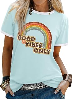 WIEIYM Women's Rainbow Graphic Good Vibes Letter Print Summer T-Shirt Basic Short Sleeve Top