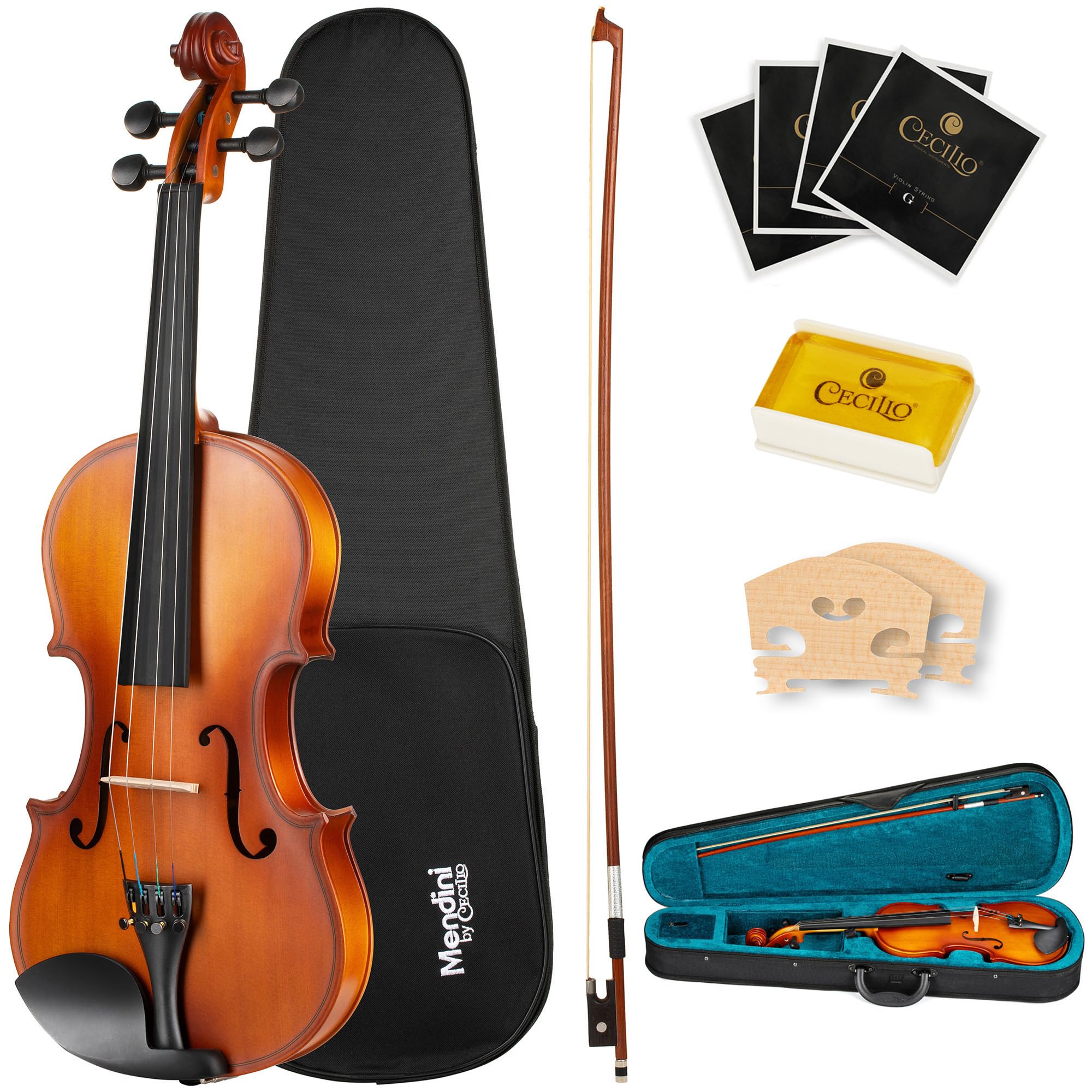 Mendini by Cecilio 16 Inch Solid Wood Acoustic Viola Set, Satin Antique | Hand C