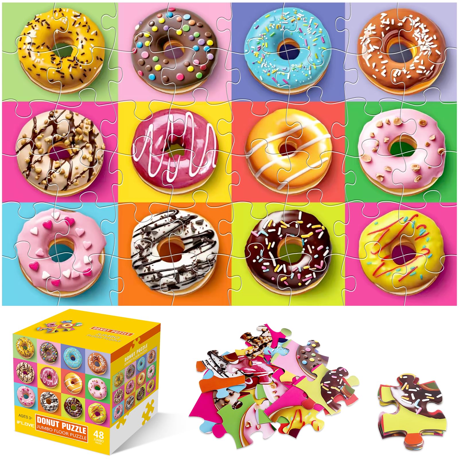 Jumbo Floor Puzzle for Kids,48 Piece Colorful Donut Jigsaw Puzzle Ages 3-8 | Des