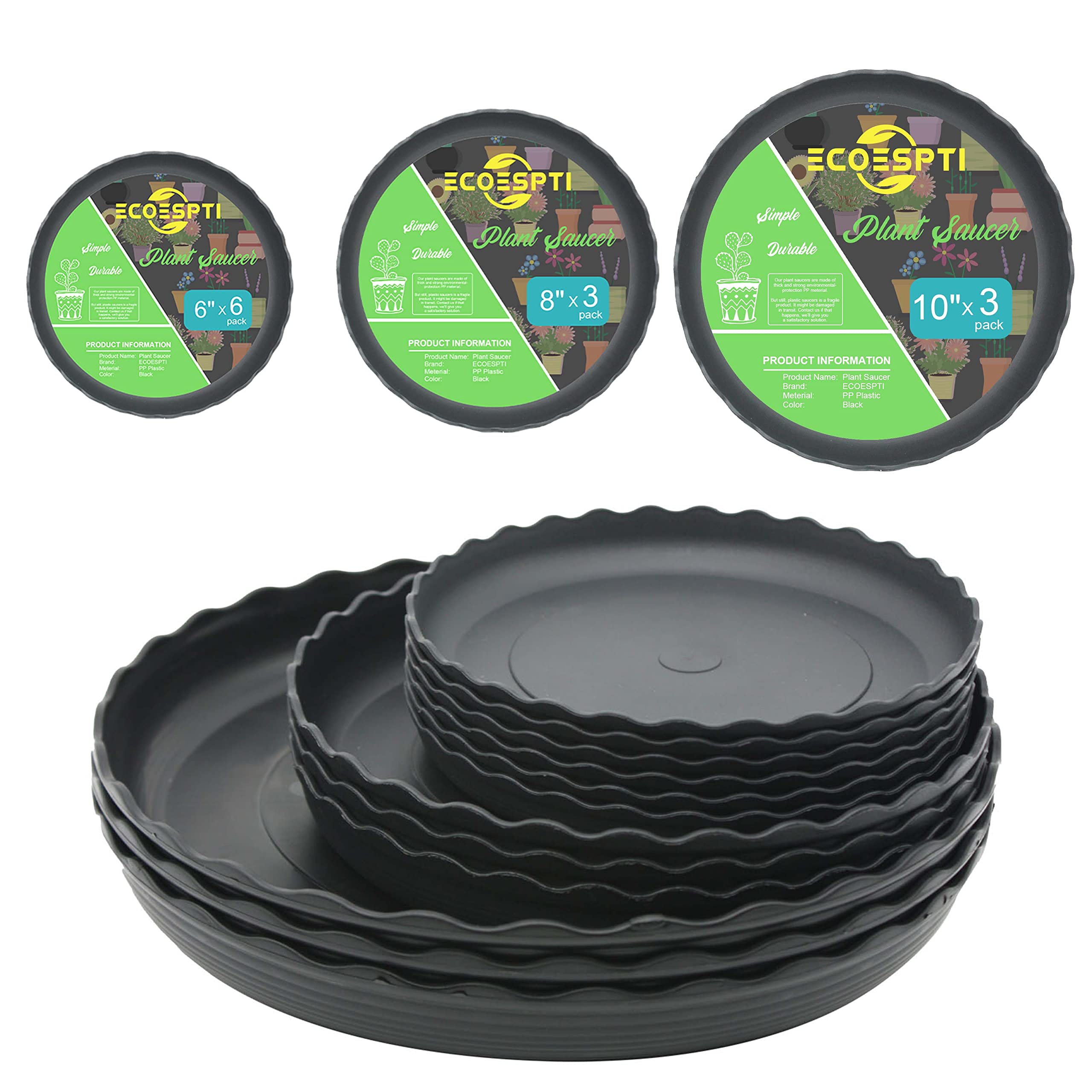 ECOESPTI 12Pcs Plant Saucer, 6 8 10 Inch Durable Plastic Plant Tray, Black Round