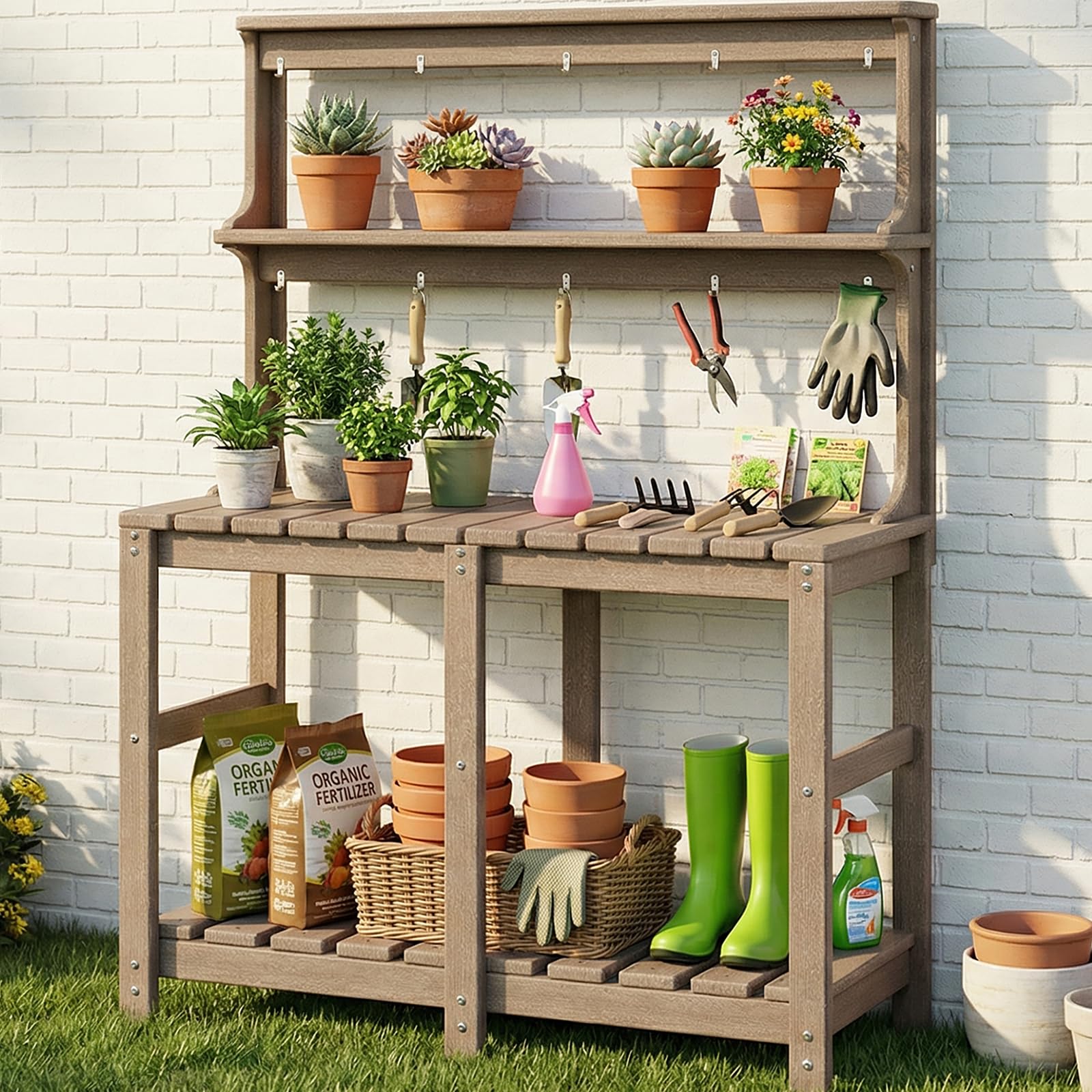 Polyhouz Outdoor Potting Bench with 3 Tier, All-Weather Patio Potting Table with