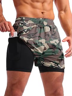 Pudolla 2 in 1 Running Shorts Men 5" Quick Dry Gym Athletic Workout Shorts for Men with Phone Pockets