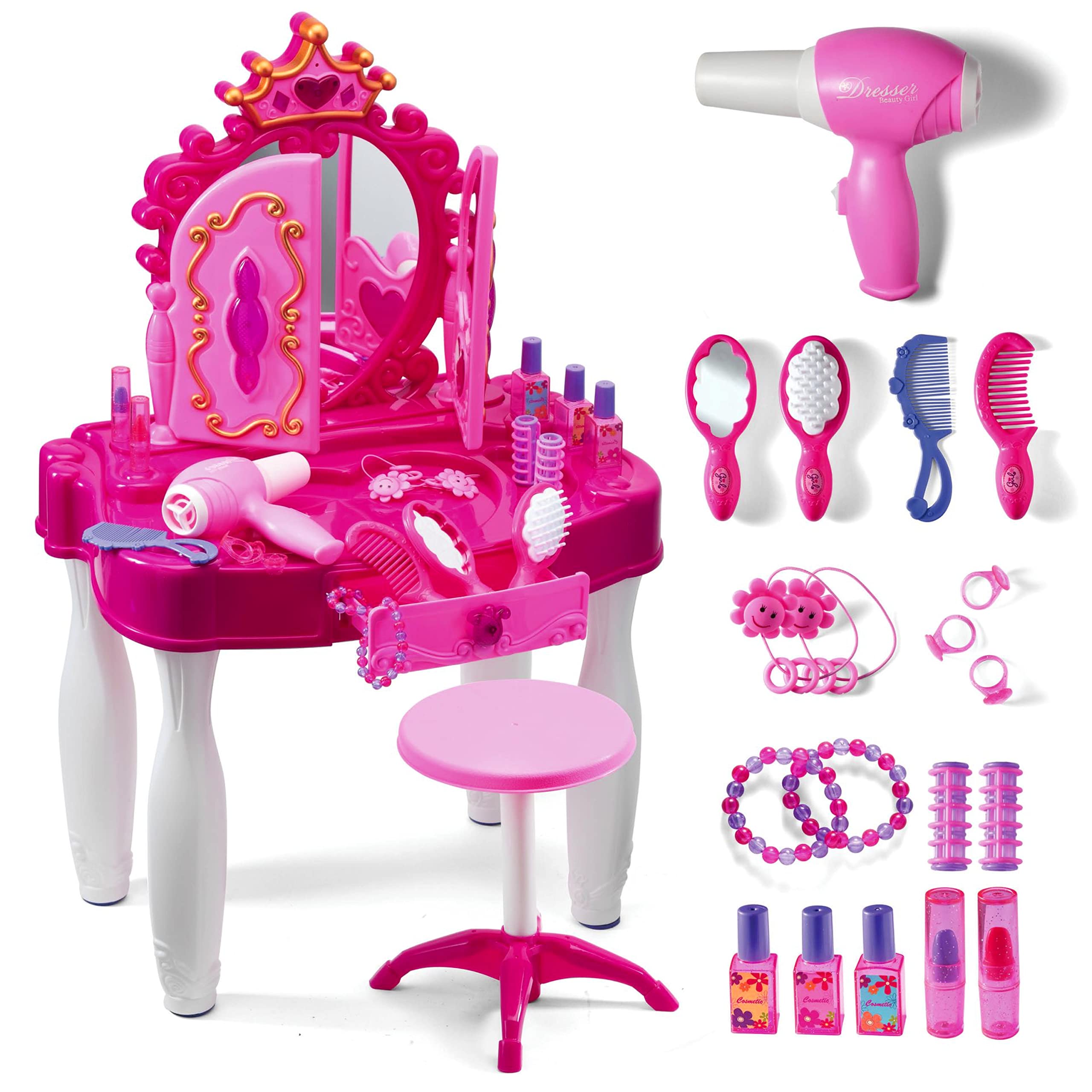 Play22 Pretend Play Girls Vanity Set with Mirror and Stool 20 PCS - Kids Makeup 