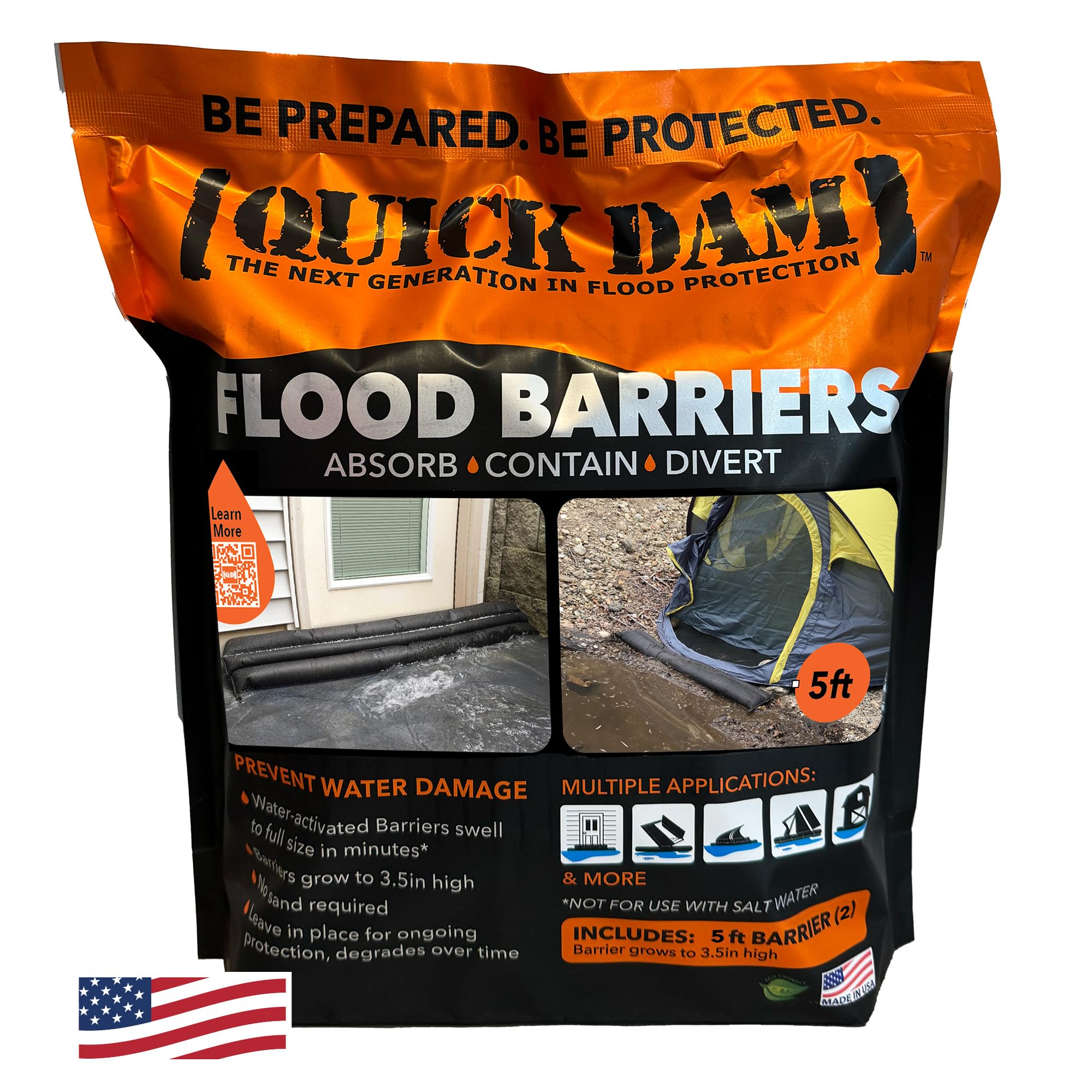 Quick Dam Water Activated 5ft Flood Barrier, Pack of 2 | Flood Water Management:
