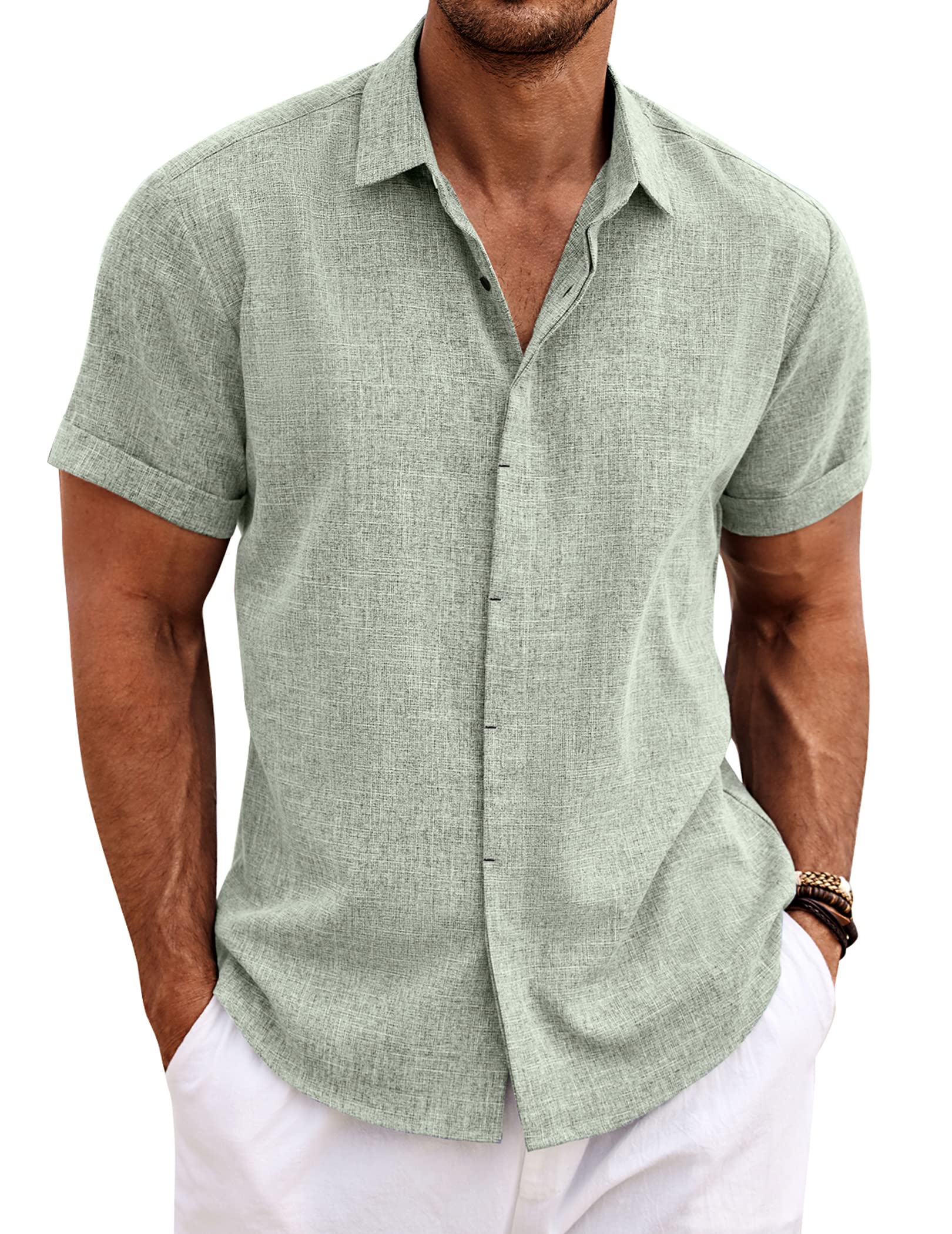 COOFANDY Men's Linen Shirts Short Sleeve Casual Shirts Button Down Shirt for Men