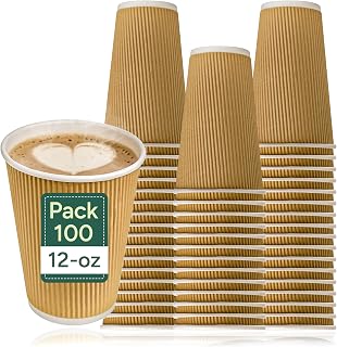Zuvo Disposable Paper Coffee Cups 12oz, Takeaway Ripple Brown, 100 Pack | Without Lids, triple wall ripple construction, brown kraft paper, for tea, coffee, cappuccino and hot chocolate