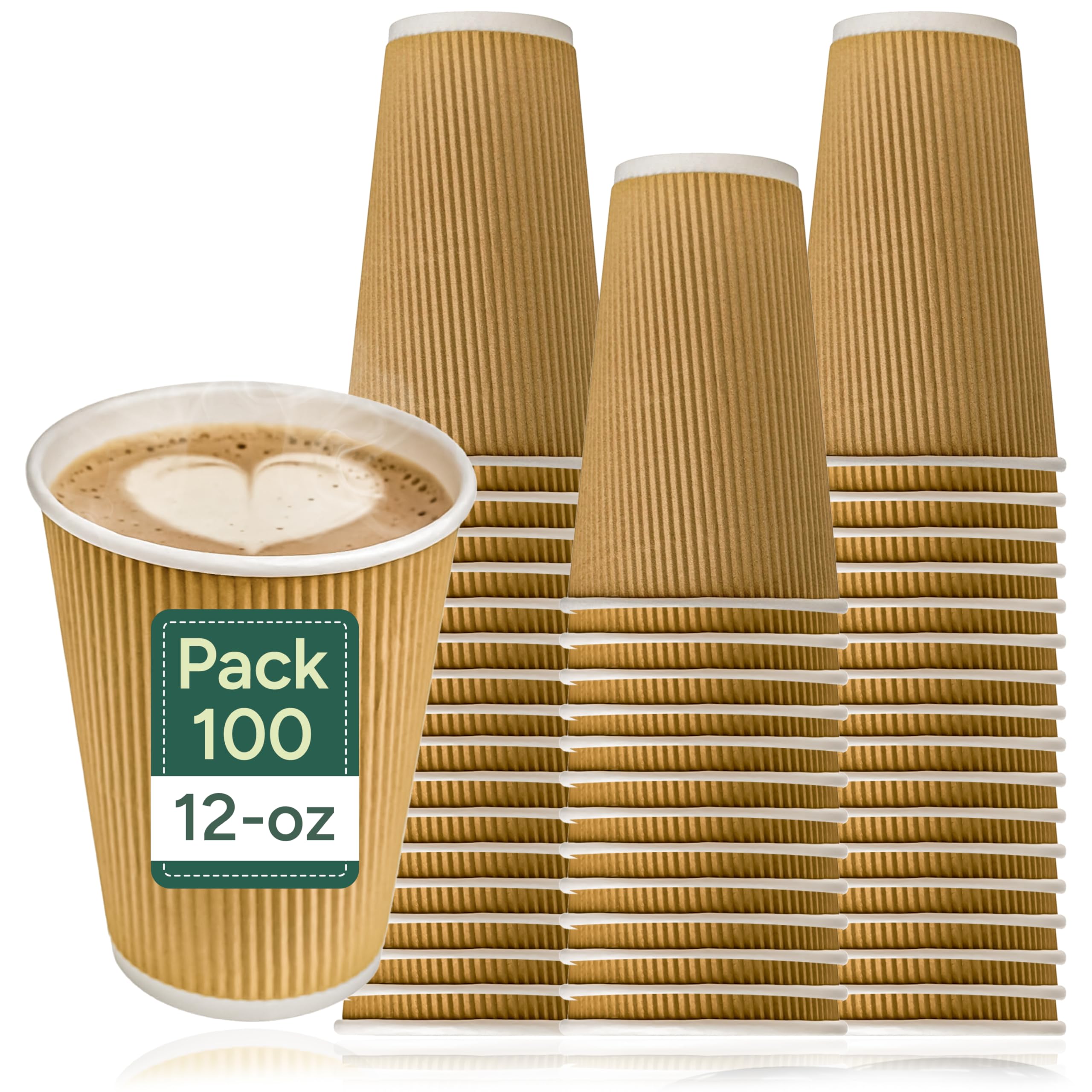 Zuvo Disposable Paper Coffee Cups 12oz, Takeaway Ripple Brown, 100 Pack | Withou