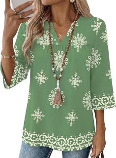 Rapbin Camicette da donna a pieghe con maniche a 3/4, scollo a V, stampa floreale, casual, vestibilità larga