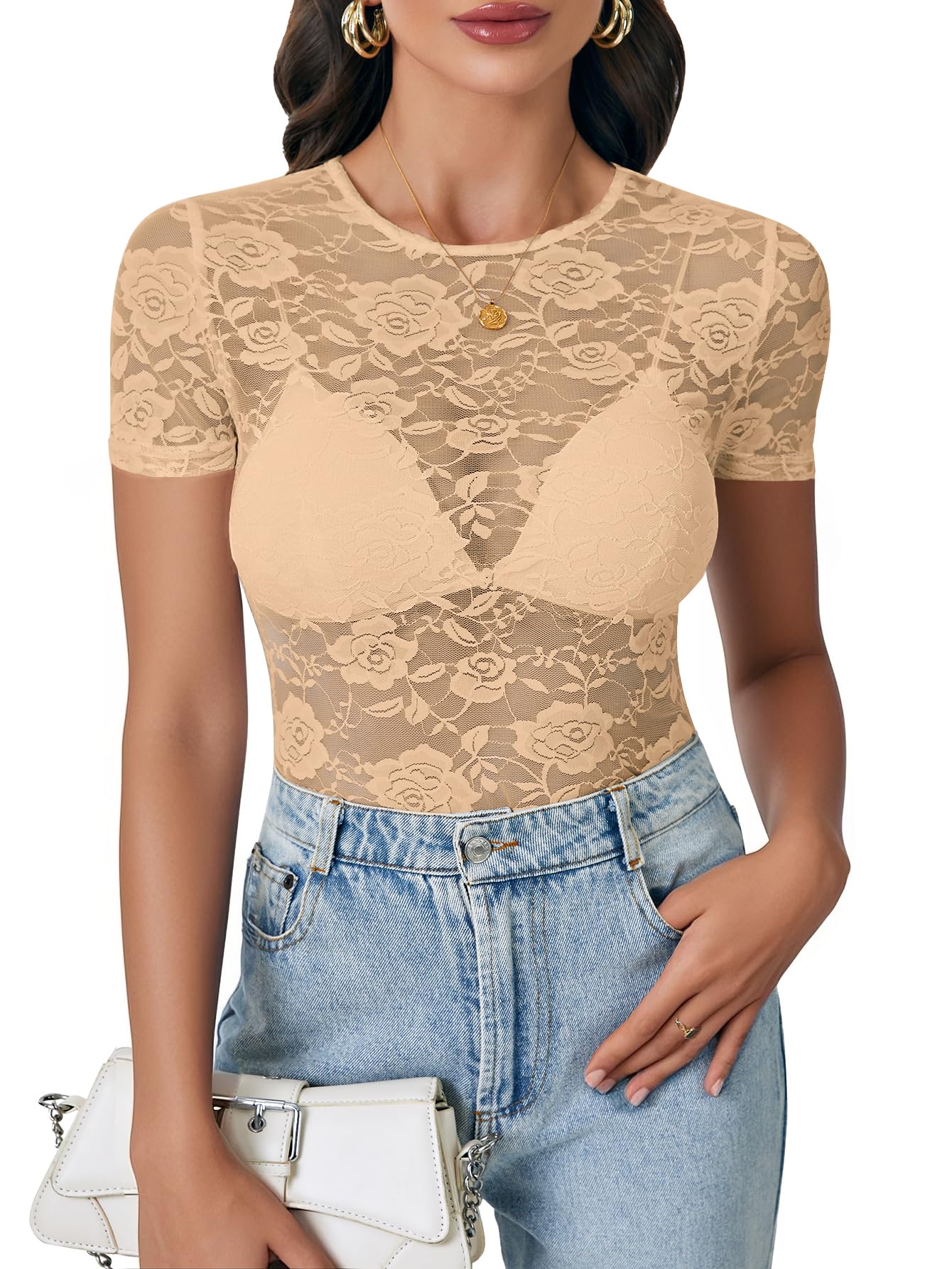 LYANER Women's Floral Lace Sexy Y2k Tee Tops
