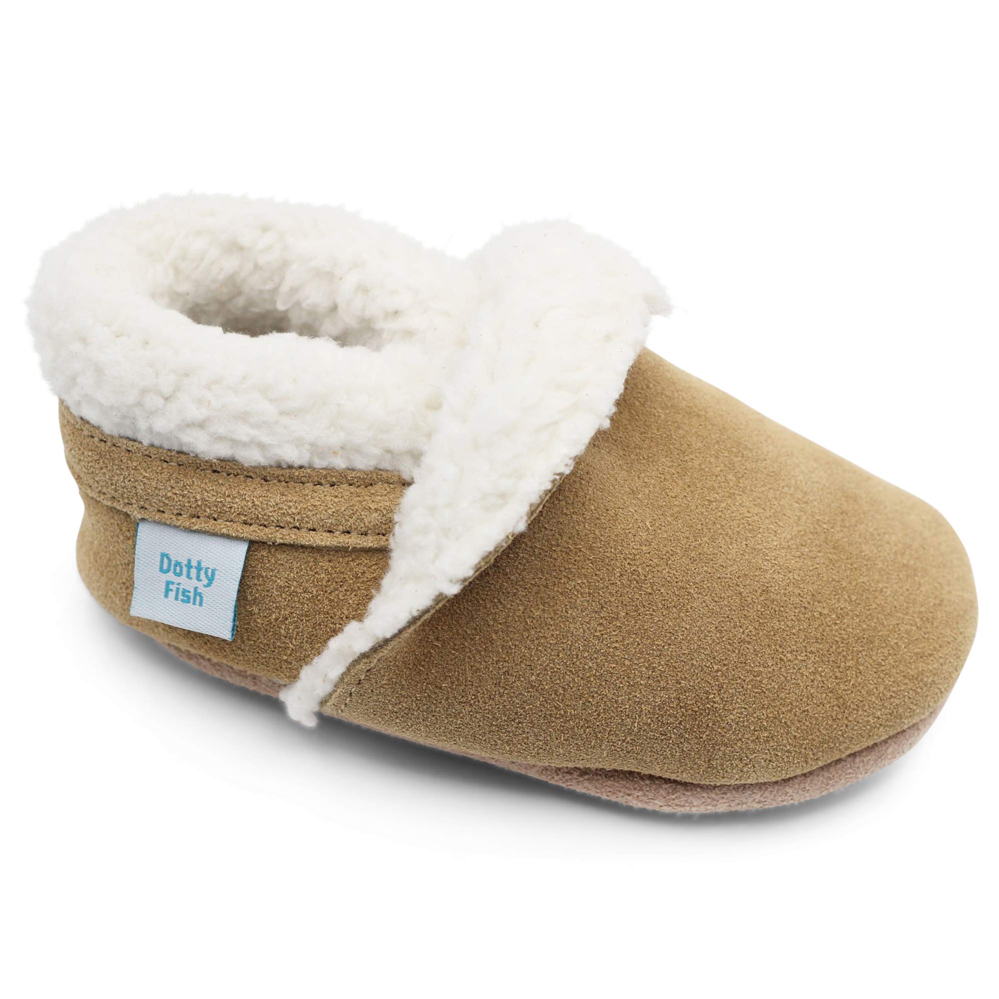 Dotty Fish Suede Slippers for Babies and Toddlers Kids’ shoes. Fleece lining. So