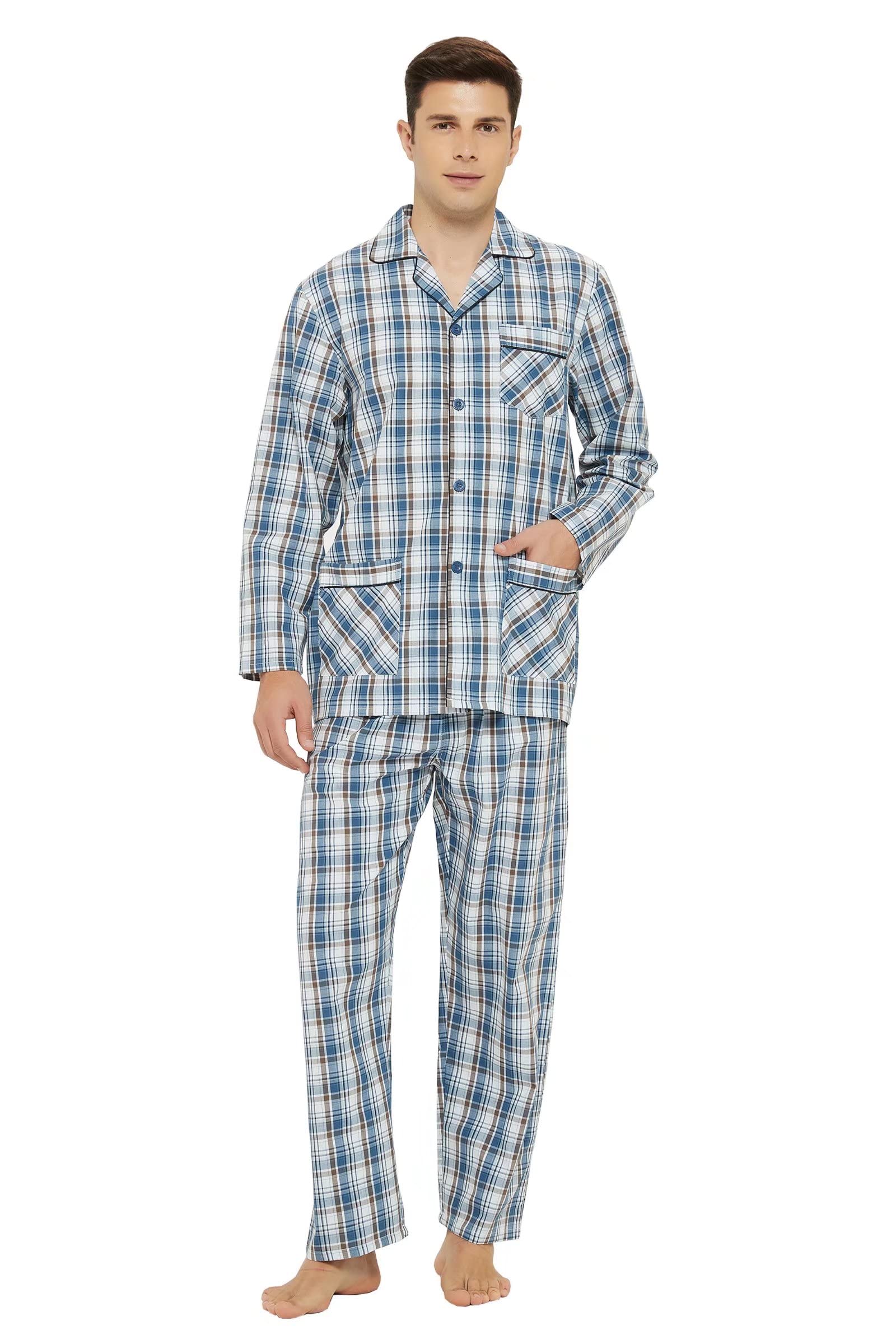 GLOBAL Men's Long Sleeve Pyjamas 100% Cotton Pyjama Set with Pockets