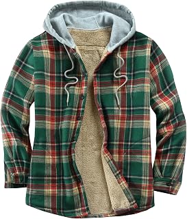 Men's Cotton Plaid Shirts Jacket Fleece Lined Flannel Shirts Sherpa Button Down Jackets with Hood for Men