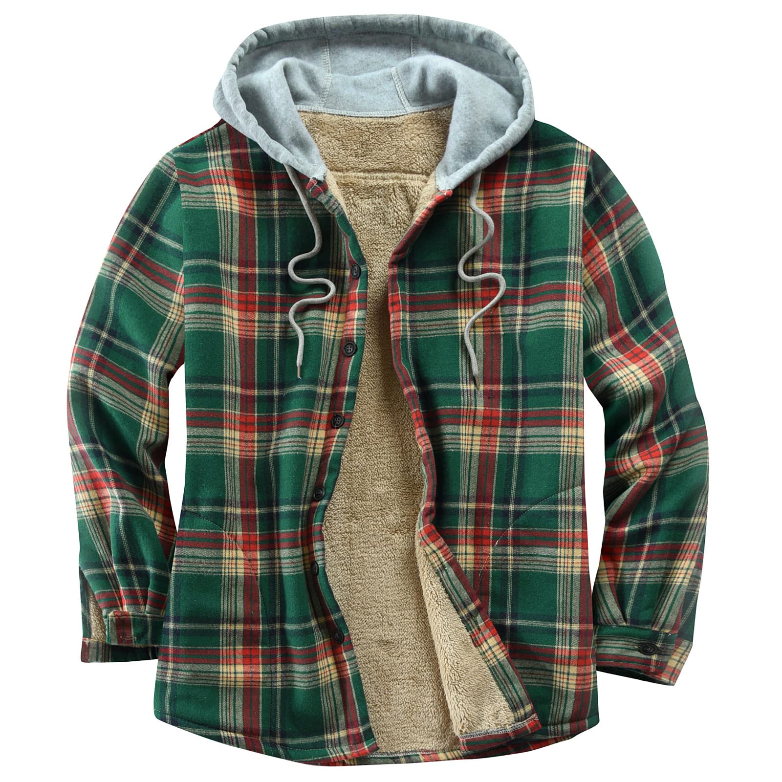Men's Cotton Plaid Shirts Jacket Fleece Lined Flannel Shirts Sherpa Button Down 