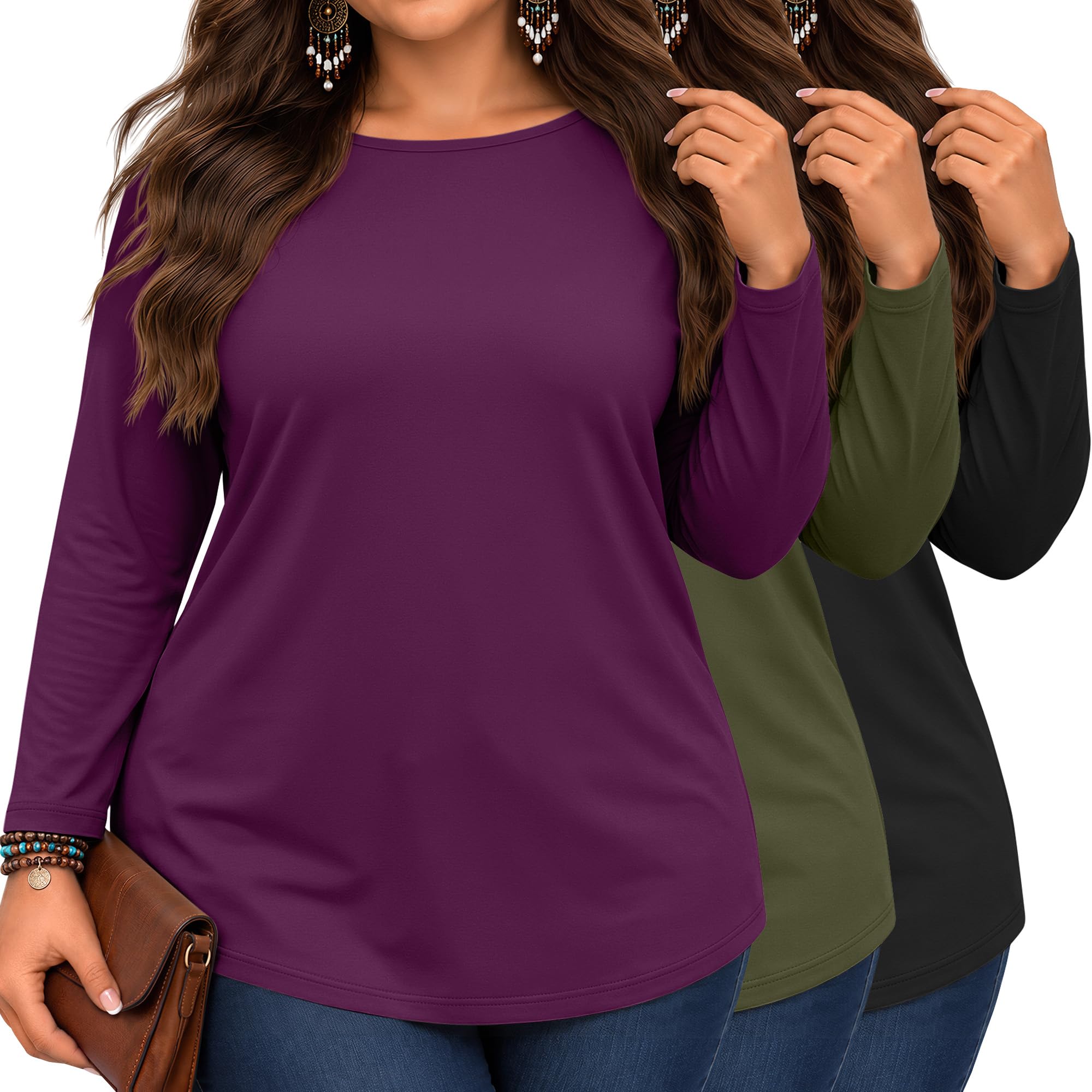 Ficerd 3 Pack Women's Plus Size Tops Long Sleeve T Shirts