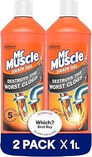 Mr Muscle Drain Unblocker 2x1L, Heavy Duty Fast Acting Gel Sink Unblocker | Heavy-duty drain gel dissolves stubborn clogs fast, works 3x better than bleach and is safe for all pipe types.