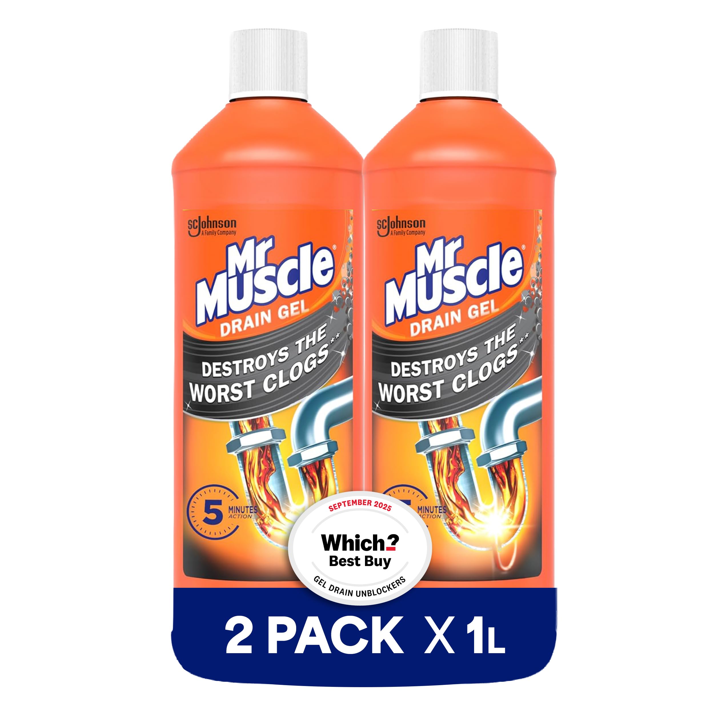 Mr Muscle Drain Unblocker 2x1L, Heavy Duty Fast Acting Gel Sink Unblocker | Heav