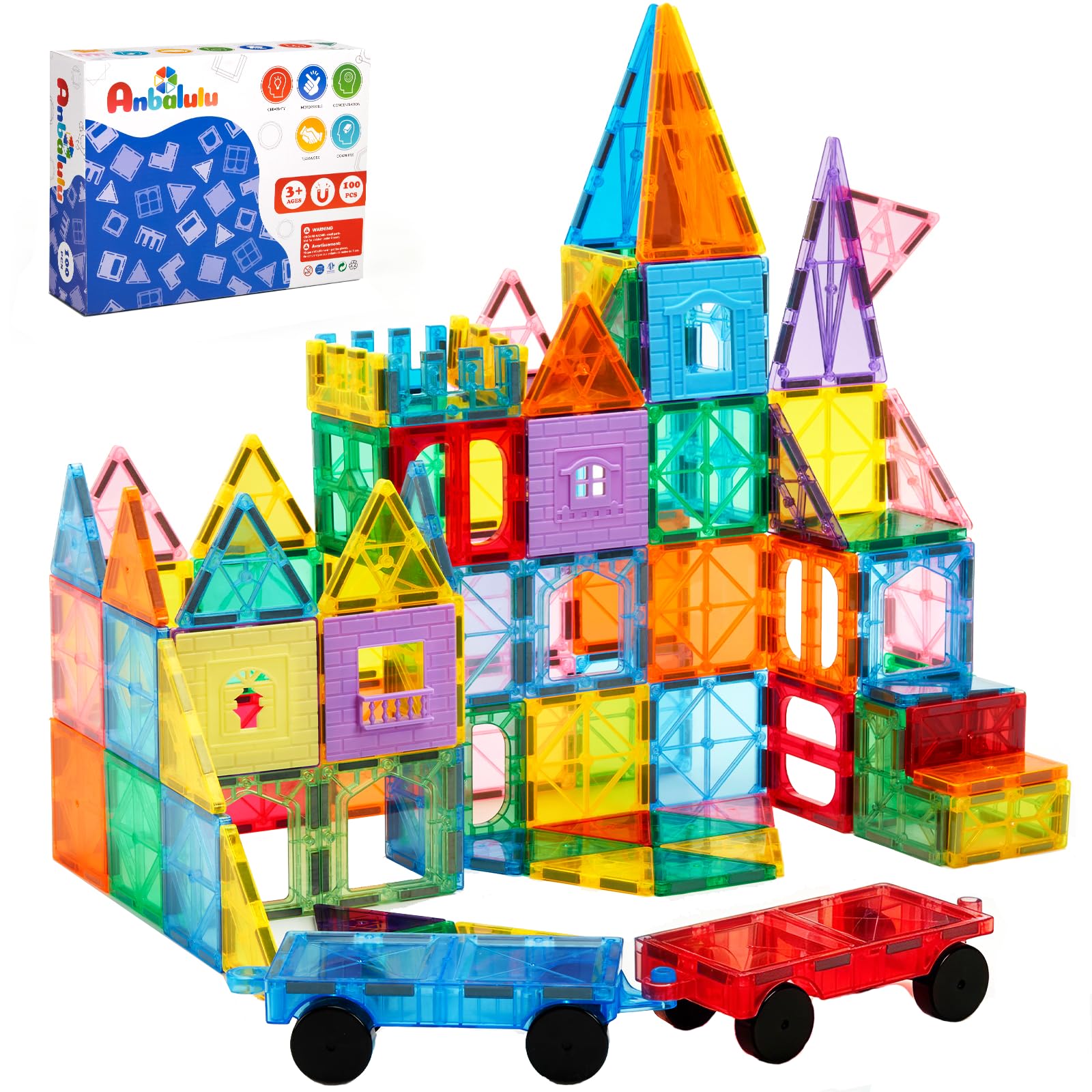 Anbalulu Magnetic Tiles 100PCS with 2 Cars, Set for Kids Ages 3-9 | STEM Educati