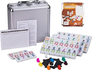 Smilejoy Double 12 Number Mexican Train Dominoes Set, with Aluminum Case | 91 numbered tiles, double-12 format, 9 trains, scoreboard and hub, aluminum carrying case, designed for 2-9 players