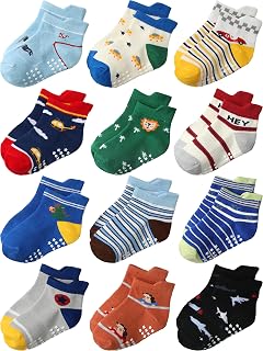 Aroveea Toddler Socks Cotton Non Slip Grip Ankle Baby 12 Pack for Kids Boys