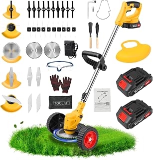 24V Electric Weed Wacker Edger Lawn Tool,2 2.0Ah Battery Powered Weed Eater | 3-in-1 Lightweight Brush Cutter/Lawn Edger/Grass Trimmer Cordless, 5 Types Blades & Wheels for Yard Garden Maintenance
