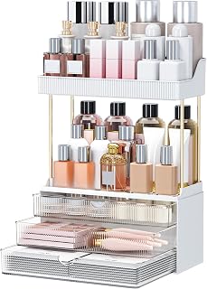 Storivo 3-Drawer Makeup Organiser with Shelves for Skincare and Perfume | Clear 3-drawer vanity storage with 2 shelves, smooth metal rails and non-slip pads for makeup, skincare and toiletries