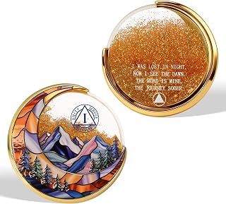 BraveBloom Moving Sand 1 Year Sobriety Coin - Liquid Glitter Sober Chip with Moon and Mountain Design,One Year AA Recovery Medallions,Sobriety Gifts for Women & Men Alcoholics Anonymous