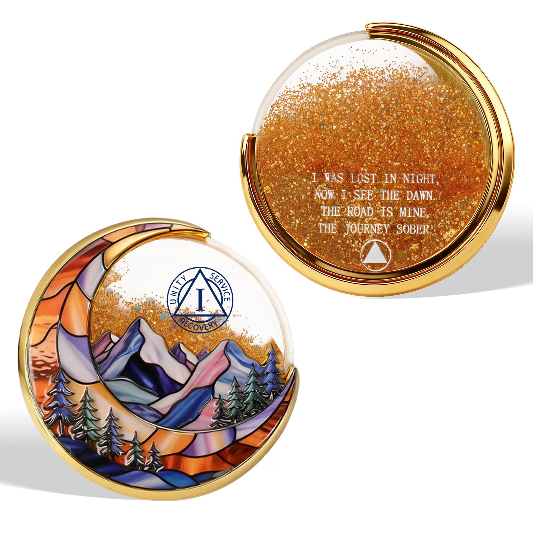 BraveBloom Moving Sand 1 Year Sobriety Coin - Liquid Glitter Sober Chip with Moo